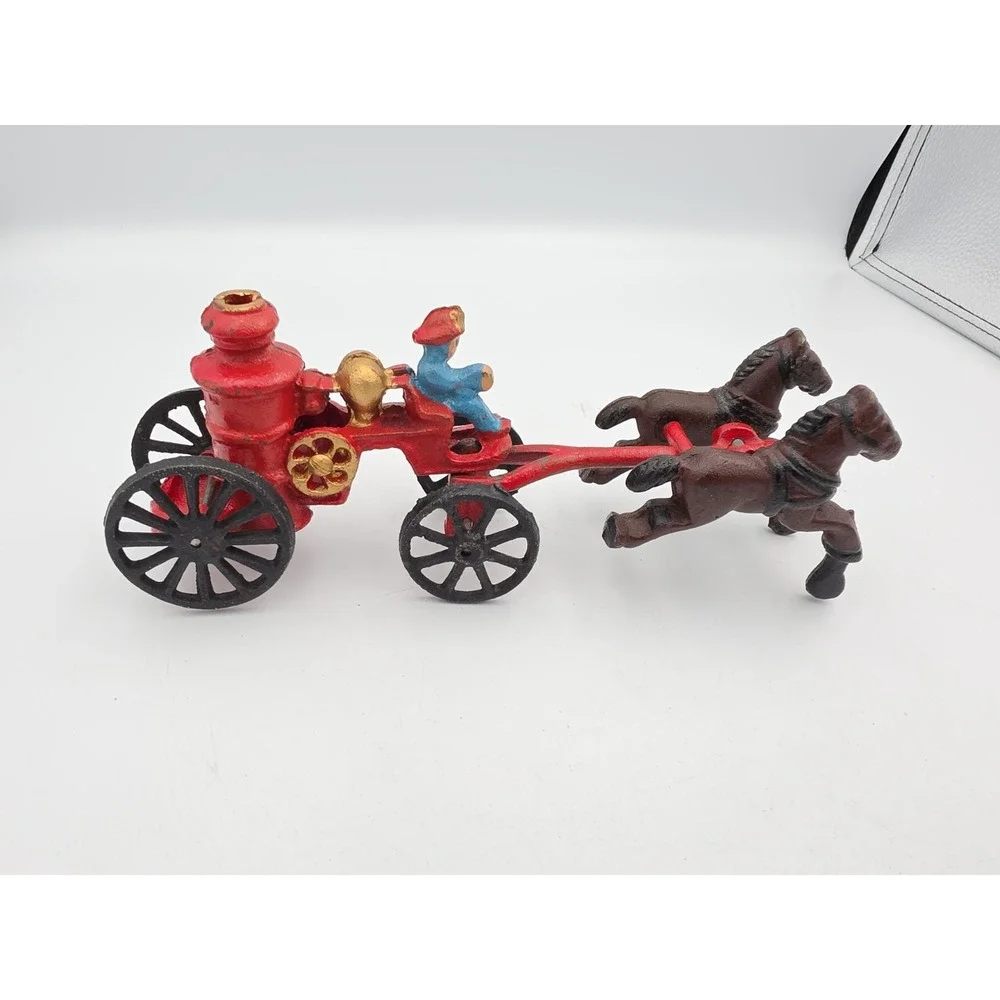Vintage Cast Iron Horse Drawn Fire Pumper Toy Red Fire Engine Collectible